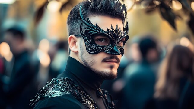 A young man wearing a black masquerade mask with intricate details looks intensely at the camera.