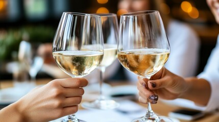 Cheers to Us Group of Friends Celebrating with Wine Glasses, Marking Special Moment at Restaurant