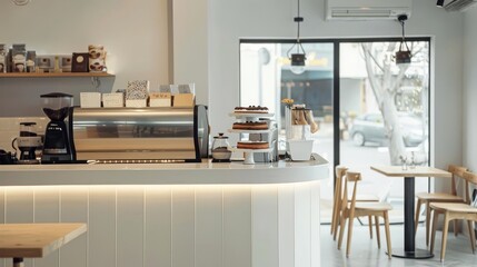 A modern Korean-style cafe with a sleek, ivory-white counter, cake display, espresso machine, and bar table by the window with copy space