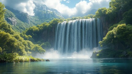 Fototapeta premium A serene waterfall cascading into a tranquil pool surrounded by greenery.
