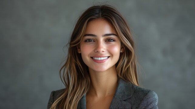 Confident Young European Business Owner Smiling in Professional Headshot on Gray Background