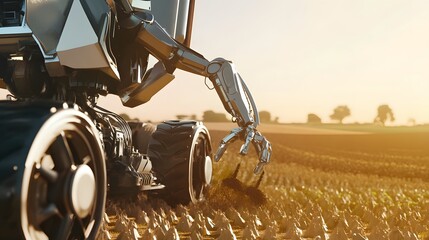 A futuristic robotic tractor harvests crops in a field at sunset.