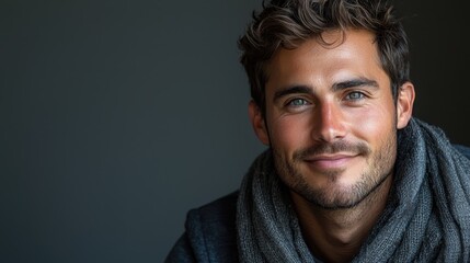 Obraz premium Confident Professional European Man with Engaging Smile in Close-up Portrait on Gray Background