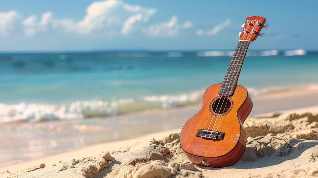Ukulele on a sandy beach with ocean waves in the background.