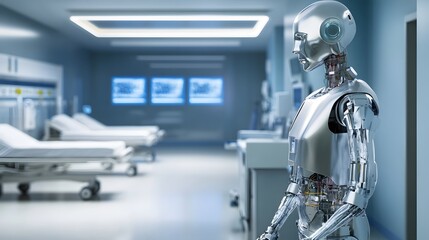 A silver robot stands in a hospital room, ready to assist.