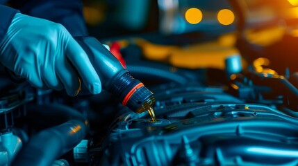 Mechanic adding engine oil to a car engine.