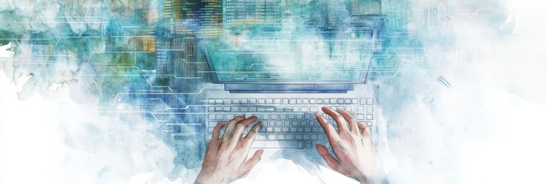 Abstract watercolor of a person typing on a laptop with colorful splashes blending into digital symbols. Creative coding concept.