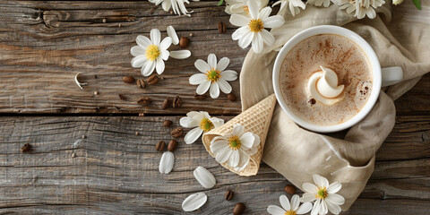 Morning Coffee Cup with Spring Blossoms on Wooden Table