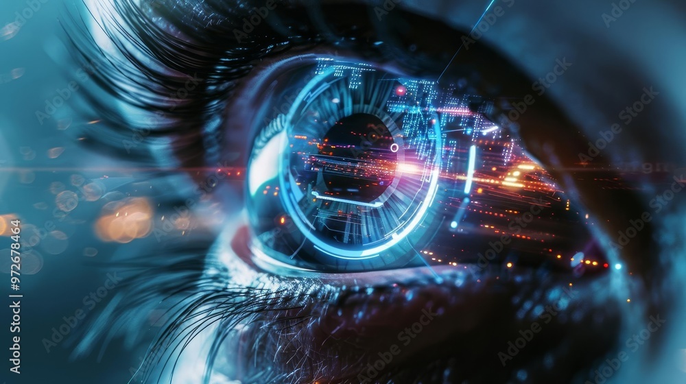 Poster futuristic imagery of an eye, symbolizing ai and automation in business processes, enhancing efficie