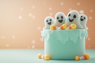 Cute marshmallow chicks in a mint green container. Festive Easter or spring concept with sweet, playful decor