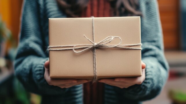 A person presents a wrapped gift with a twine bow in a cozy setting, capturing the warmth of giving during a festive season on a sunny afternoon