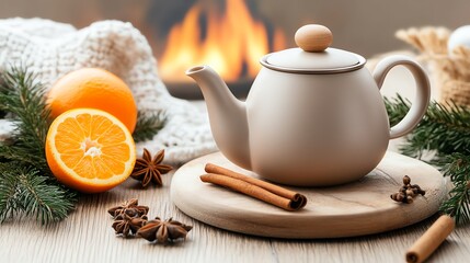 A cozy setting featuring a teapot, cinnamon sticks, orange, and pine branches, ideal for winter warmth and comfort.