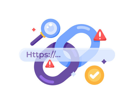 malicious links concept. dangerous and suspicious url address. unsafe website address. illustration of chain with check symbol, magnifying glass and warning sign. flat style design. elements