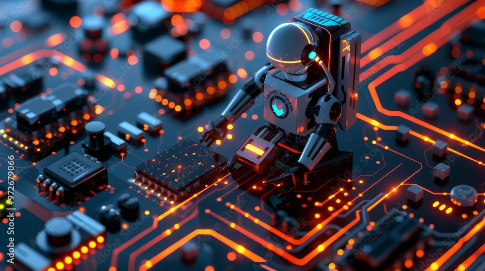 Poster a futuristic robot astronaut working on a circuit board.