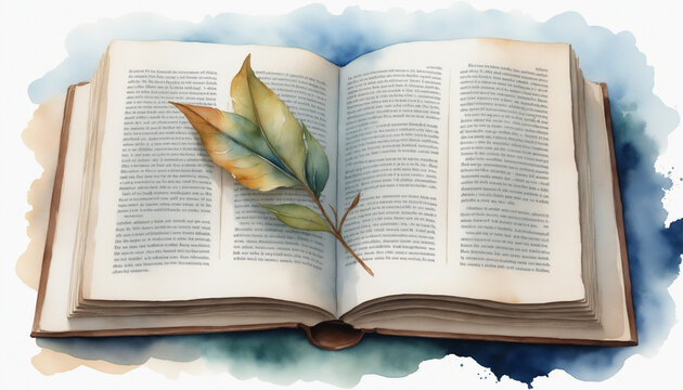 Aquarelle livre ouvert illustration histoire roman texte marque-page papier litt&eacute;rature &eacute;cole feuille automne.