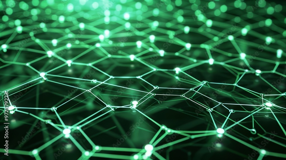 Poster abstract green network with glowing nodes and lines on a dark background.