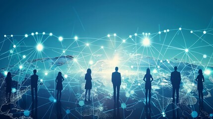 Silhouettes of people standing on a global network background, representing connection and collaboration.