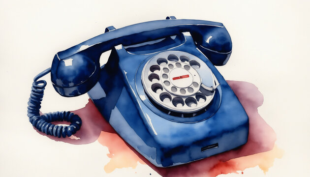 Aquarelle illustration t&eacute;l&eacute;phone bleu vert vintage r&eacute;tro communication appel cadran.