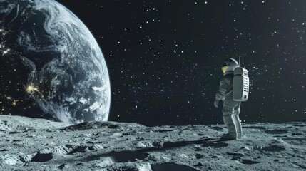 Obraz premium Astronaut stands on the moon, gazing at Earth in the vast expanse of space.