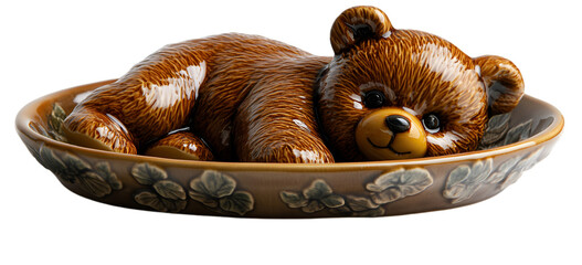 Obraz premium A brown teddy bear nestled comfortably in a decorative bowl, showcasing its soft fur and charming expression. 