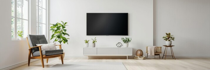 Minimalist design with a smart TV on a white wall in a living room with an armchair