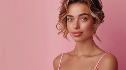 Naklejka premium A young woman with wavy hair, glowing skin, and a gentle smile poses against a soft pink background, exuding confidence and warmth in an intimate, serene setting