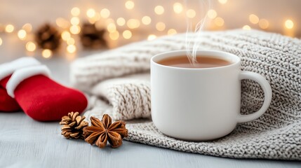 Warm cup of tea on a cozy blanket with festive decorations, perfect for winter and holiday moments.