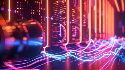Fototapeta premium Abstract futuristic server room with neon lights and glowing data cables.