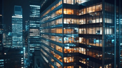 Obraz premium A high-rise office building lit up at night with election news projected onto its facade