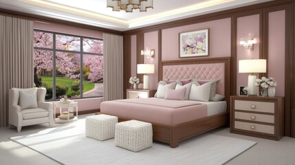Fototapeta premium This pink bedroom features wooden elements, large windows overlooking cherry blossom trees, and cozy seating, creating a tranquil atmosphere perfect for relaxation