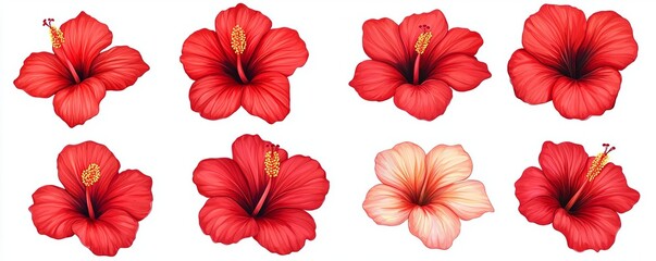 Obraz premium Vibrant red hibiscus flowers arranged beautifully, showcasing their intricate petals and stunning colors in a seamless design.