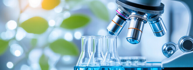 Laboratory microscope and test tubes illuminated by natural light, showcasing a scientific environment dedicated to research and experimentation in a modern lab setting