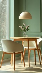 Minimalist Dining Area. White Chairs, Round Table With a Pendant Light, Sage Green Wall