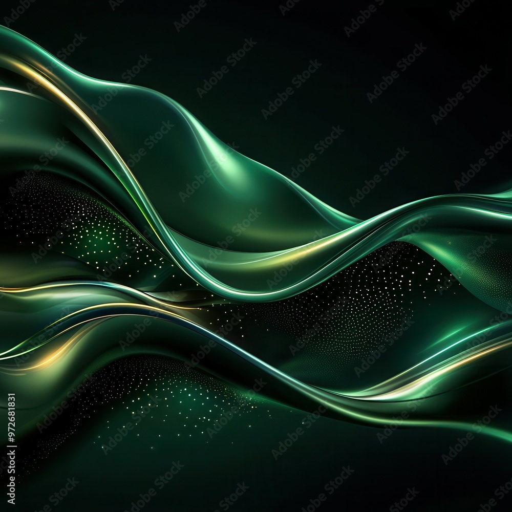 Poster abstract green waves with golden highlights creating a dynamic and elegant flow.