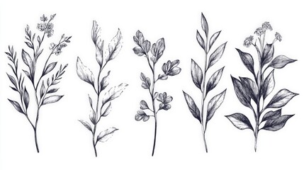 Five Hand-Drawn Floral Illustrations.