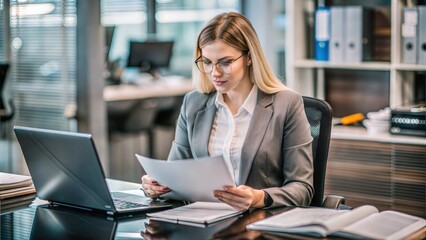 Professional Accountant Woman In Office Doing Accounting, around files and checking ledger