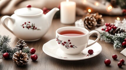 Fototapeta premium A cozy tea setting with a delicate teacup, teapot, and candle, surrounded by festive decorations and pinecones.