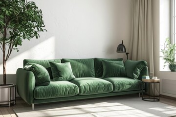 A modern living room boasts a plush emerald-green sofa with matching cushions, a colorful blue mug on a stylish side table, and natural light illuminating minimalistic decor.