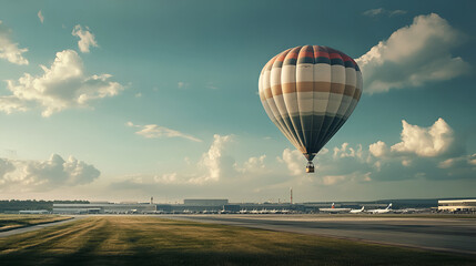 Multicolored hot air balloon landing in grassy field , Hot air balloon in the blue sky , Colorful hot air balloon flying in the sky over the countryside
