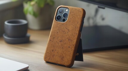 Stylish brown phone case on wooden desk, with modern design and natural texture, perfect for contemporary tech enthusiasts.