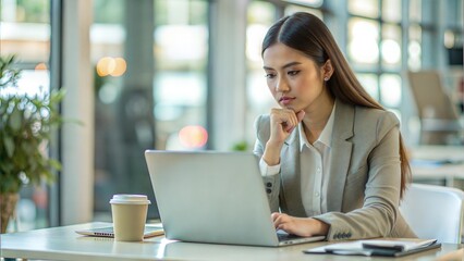 Young serious busy professional business woman employee or student using laptop watching online webinar or training web course, looking at computer, thinking,  doing research concept