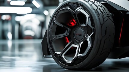 Fototapeta premium Close-up of a Black Wheel with Red Brake Calipers and a Brand Logo