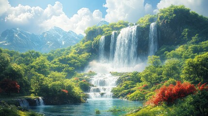 Fototapeta premium Serene landscape with waterfalls and lush greenery under a blue sky.