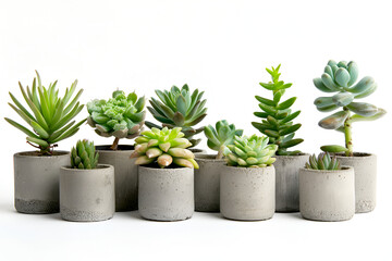 Succulent plants in pots on white background, space for text ,Indoor cactus plants at home on a white shelf against a white wall , contemporary round concrete planters top view isolated on white