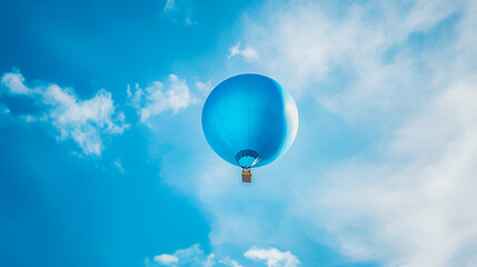 blue hot air balloon flying in blue sky with white clouds , Balloon against the backdrop of sunrise , Dream or travel concept, fly in the sky on hot air balloon
