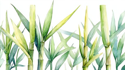 Fototapeta premium Delicate watercolor illustration of bamboo plants, showcasing green stalks and lush leaves against a clean background.