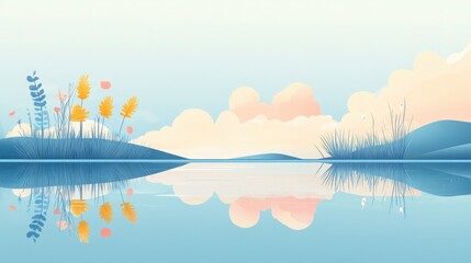 Creative, high-quality, minimalist illustrations of a tranquil mind depicted as a clear, still lake with gentle reflections of balanced, harmonious elements like soft clouds and serene flora