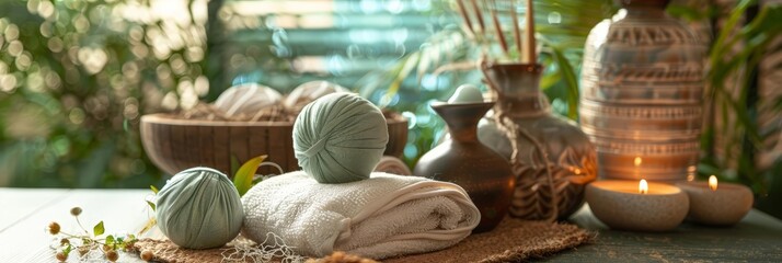 Spa Setting with Towels, Candles, and Natural Elements