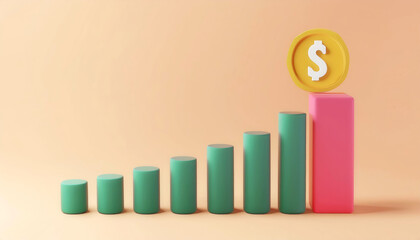 Colorful growth chart with a dollar coin symbol, representing financial success and economic increase in a modern style.