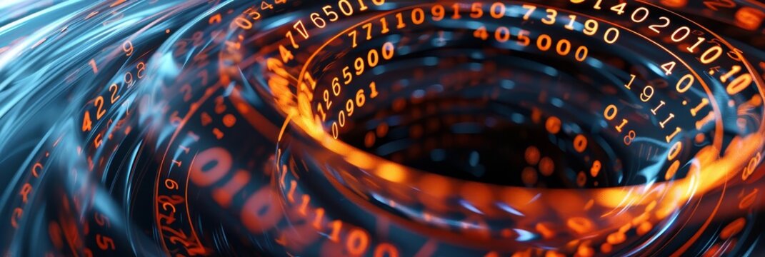 Abstract digital background with swirling binary code and glowing light.